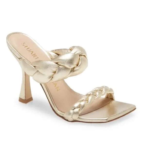 New Stuart Weitzman Playa Metallic Braided 6 Platinum Gold Leather Slip On Heels - Picture 3 of 7